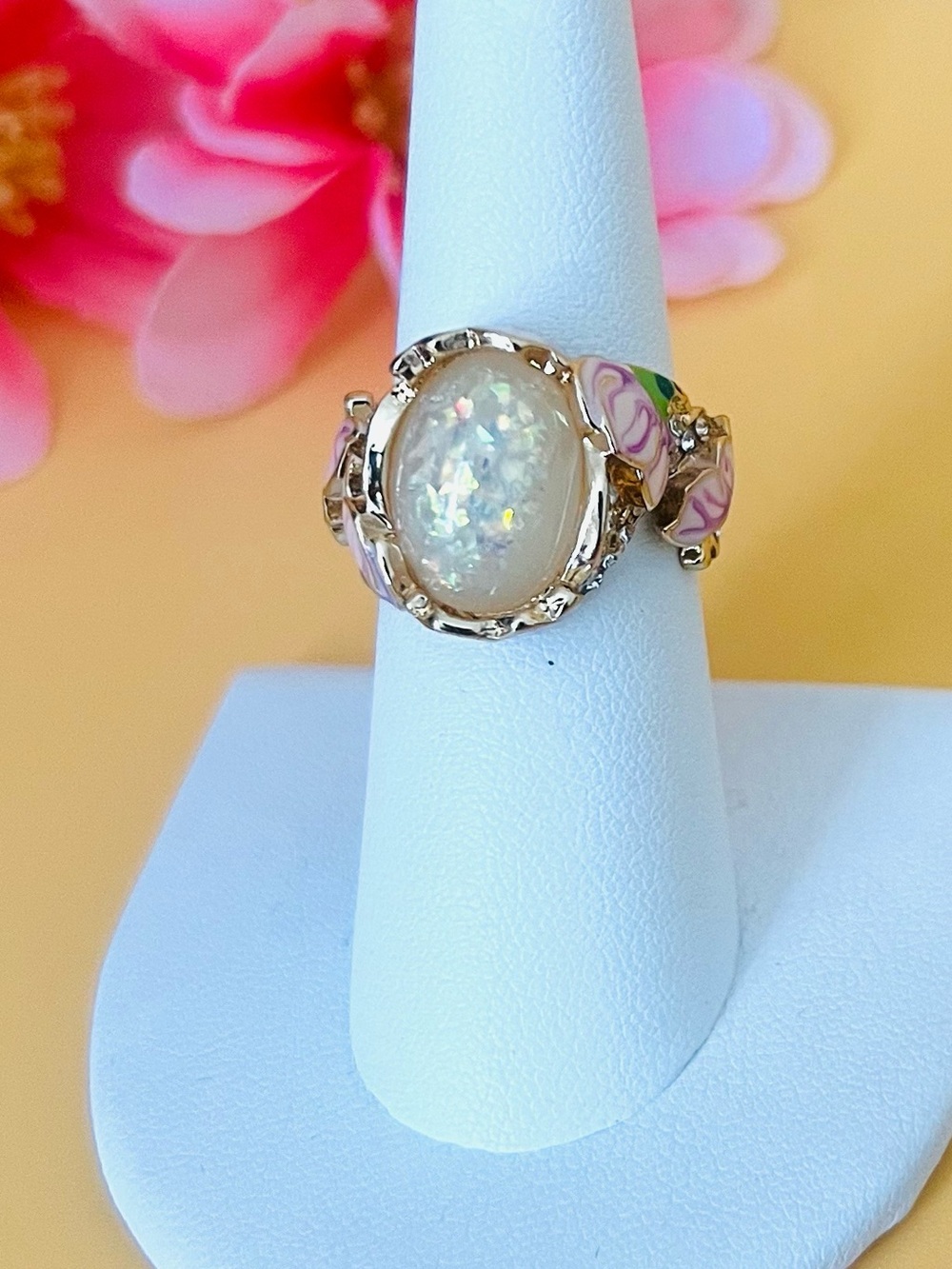 Gold over silver faux Opal enamel flowers ring, stamped .925